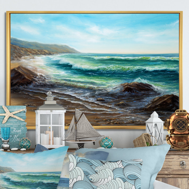Wild Blue Ocean Waves III - reproduction d'art sur toile, H 8 po x l 12 po x P 1 po, Cadre flottant doré