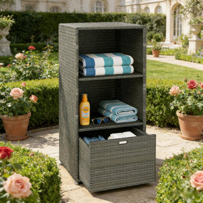 Support de rangement pour serviettes de piscine en rotin à 2 niveaux avec tiroir coulissant, organisateur de spa résistant à l'eau pour spa, plage, terrasse et salle de bain
