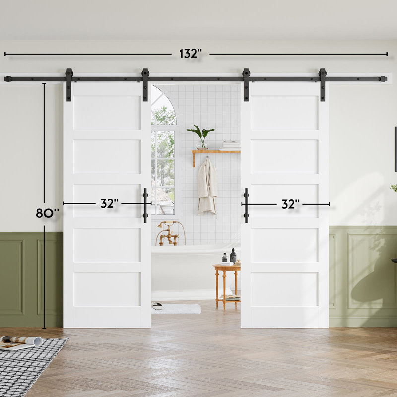 Porte de grange double en bois manufacturé à 5 panneaux avec quincaillerie d'installation, 60 po x 80 po