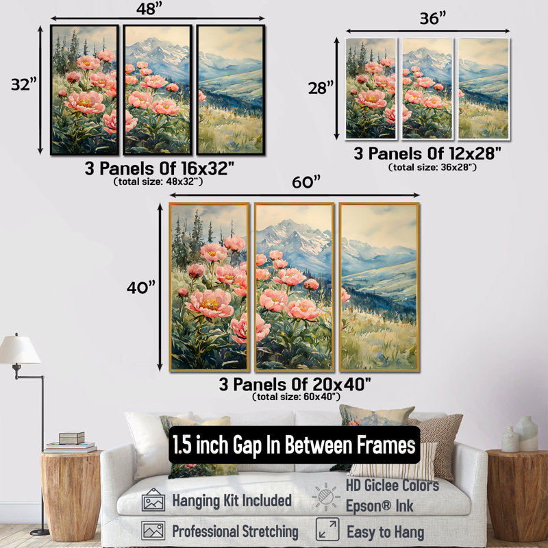 Pivoines dans les hautes prairies III - art mural pivoines - ensemble de 3, H 32 po x l 48 po, Blanc