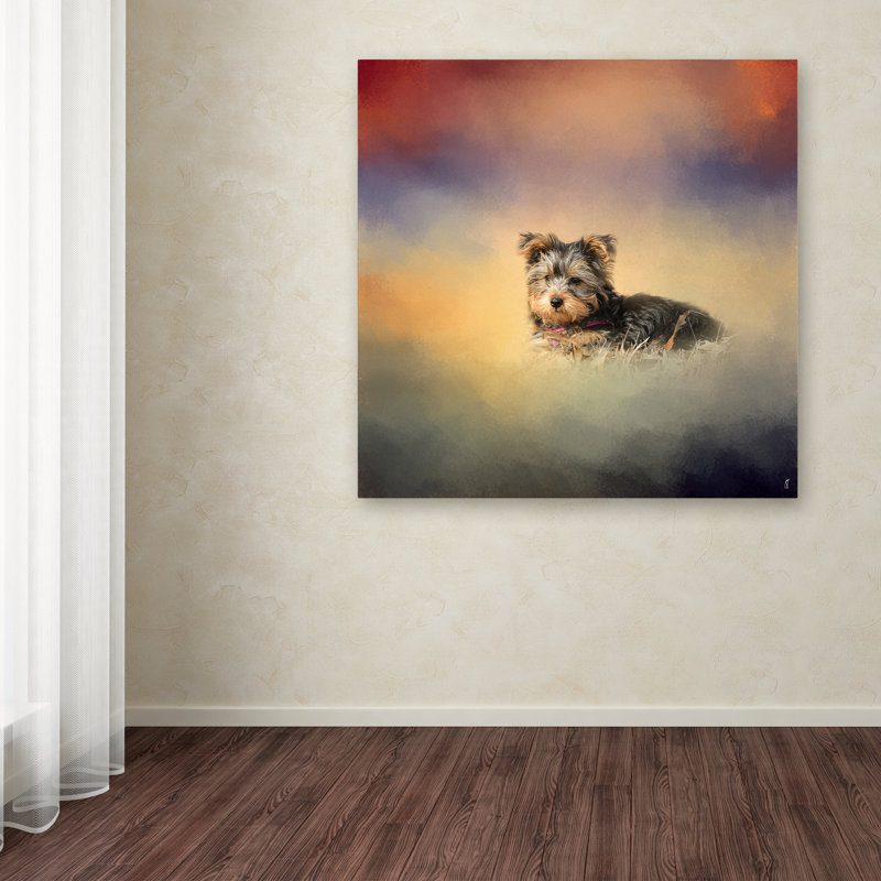 Yorkie Loving The Leaves Canvas Print in Warm Tones