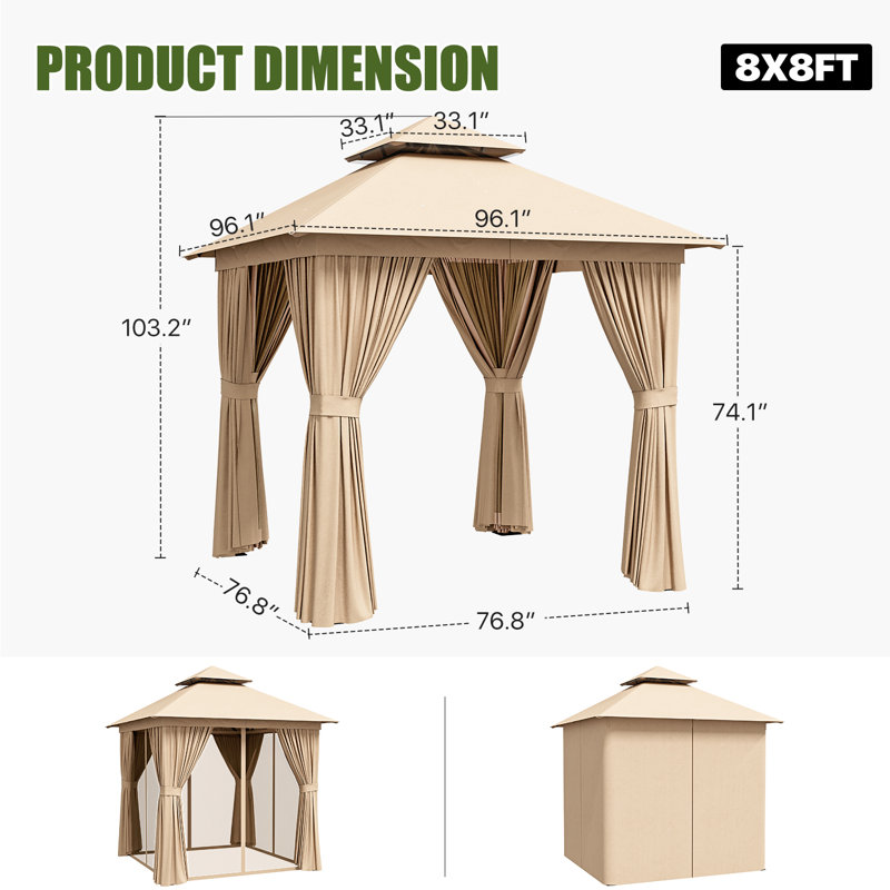 Outdoor Gazebo With Double Roof, Spacious Canopy With Netting & Curtains,  For Patio, Lawn & Backyard, Beige