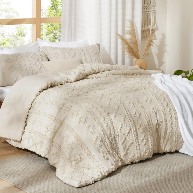 Ensemble de literie Boho, Beige, Housse de couette et insert pour grand lit + 2 tai