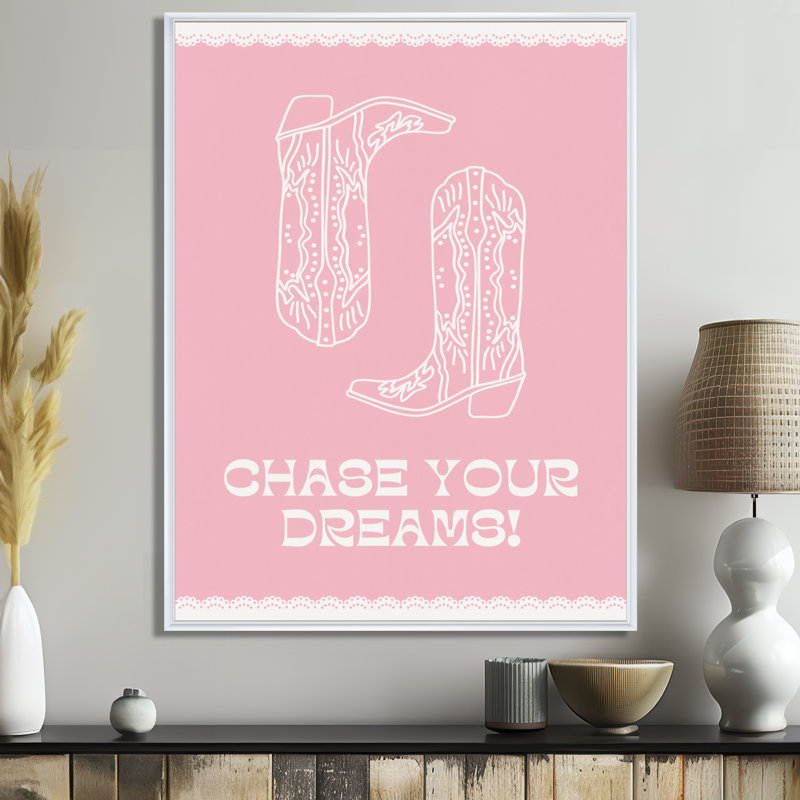 Impression d'art mural «Pink Chase Your Dreams Cowboy» - Cowgirls, Toile encadrée flottée blanche, H 32 po x l 16 po x P 1 po