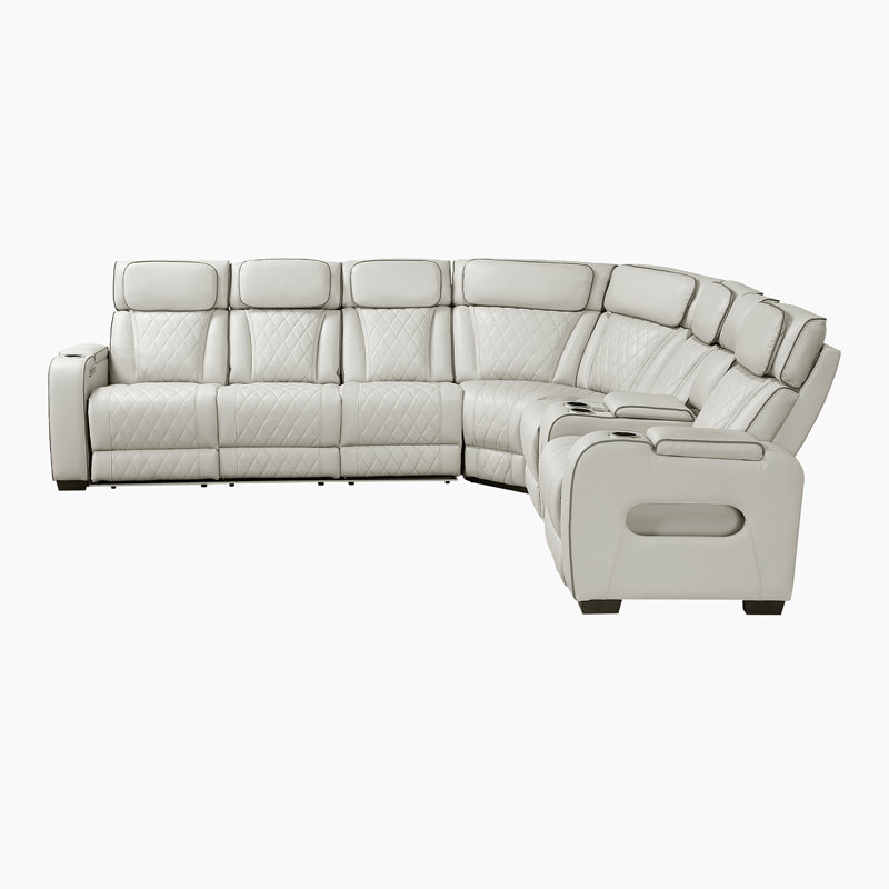 Savion 128" Modern & Contemporary 3-Piece Power Reclining Sectional - Faux leather Sectional with Ultimate Drop-Down Console with Wireless Charging and Dual Power Reclining & Adjustable Headrests
