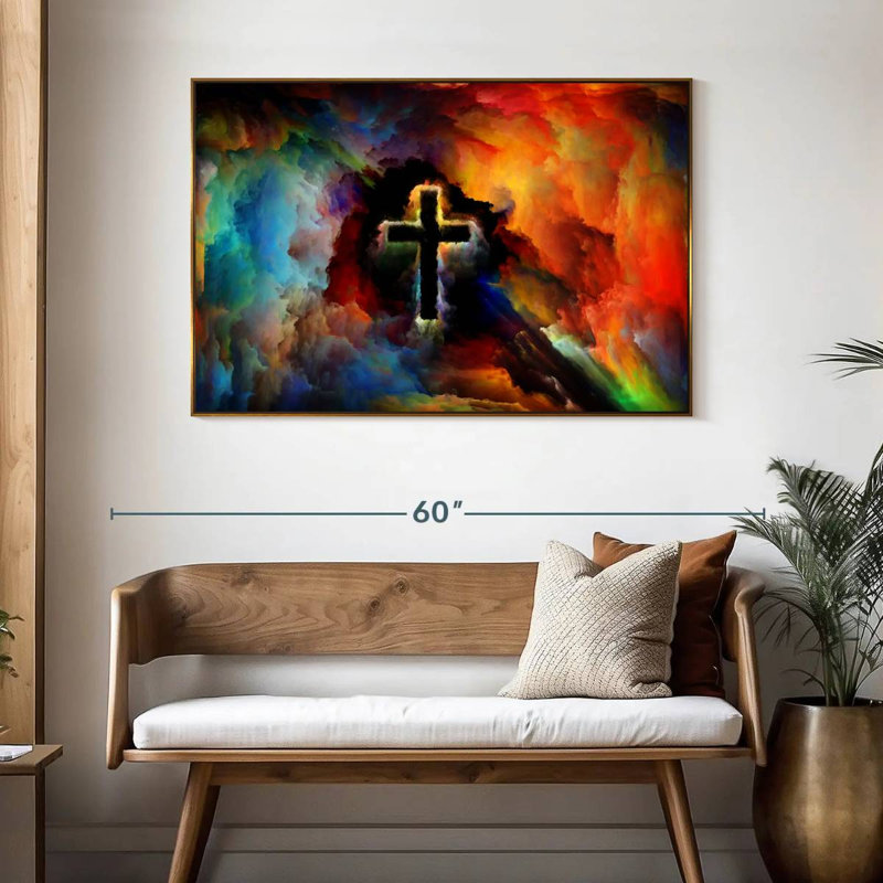 Croix colorée, 46 po x 31 po, Cadre flottant doré