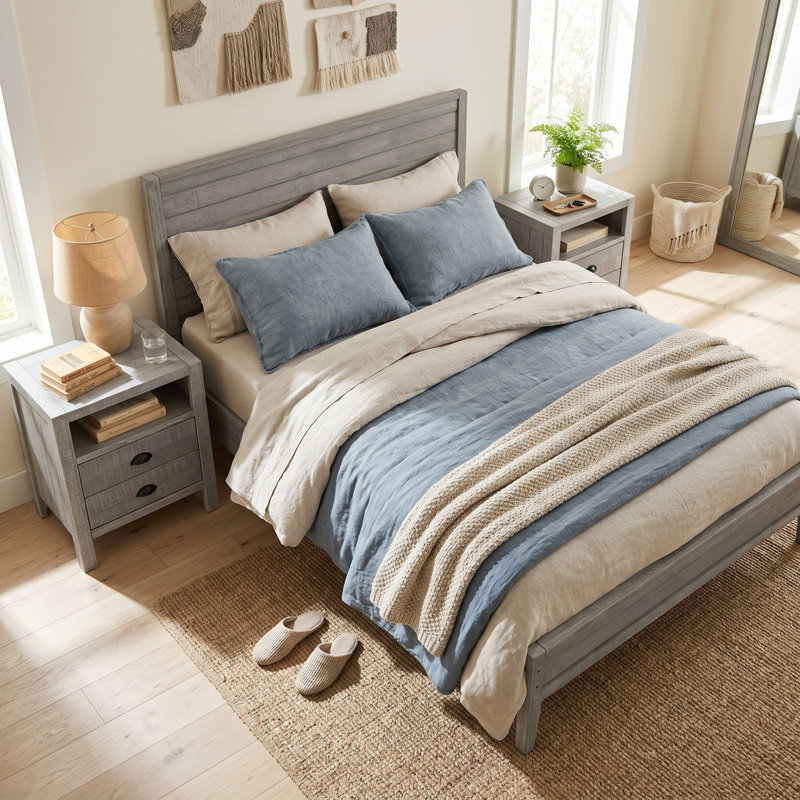 Ensemble de chambre à coucher 3 pièces Windsor - Lit double à panneau avec 2 tables de chevet assorties (gris), gris