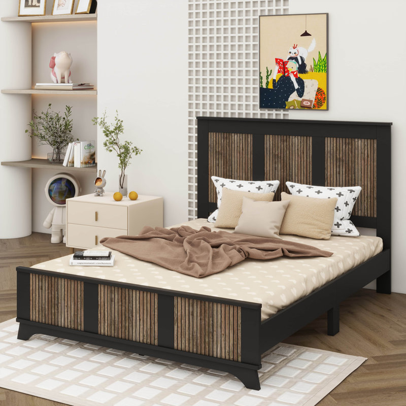 Contemporary Farmhouse-Style Wood Platform Bed Featuring Wooden Strip Accents, Black, Queen