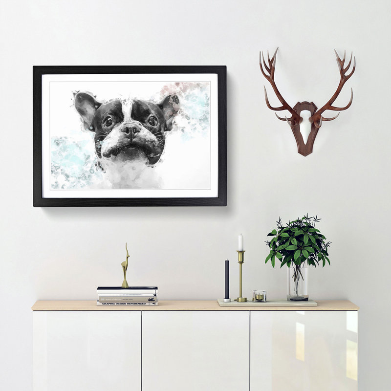 French Bulldog Dog in Abstract - Picture Frame Painting Print, 27cm H x 36cm W, Black Framed