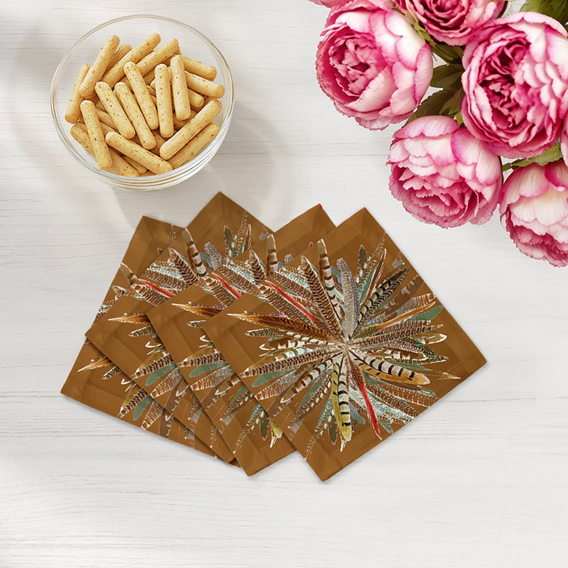 Pheasant Feathers Cotton Sateen Cocktail Napkins, Brown