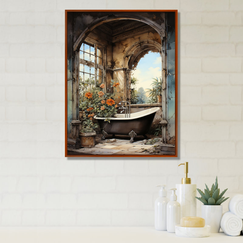 «Ceili Bathroom Vintage Tiles IV - Art mural de salle de bain», H 32 po x l 24 po x P 1 po, Cadre flottant brun