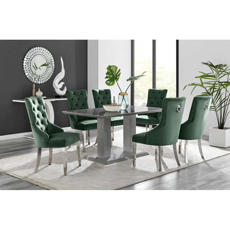 Edzard Modern Double Pedestal High Gloss Dining Table Set with 6 Luxury Velvet Dining Chairs