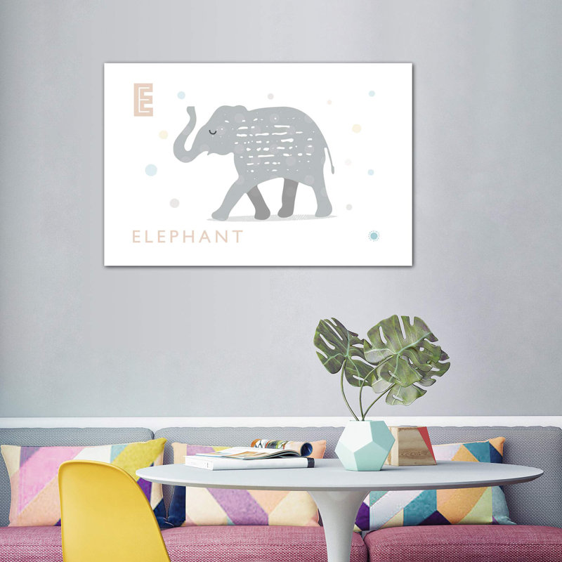 E Is for Elephant - impression d'art graphique, H 40 po x l 60 po x 1,5 po, Pas de tapis, Toile tendue