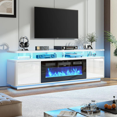Meuble télé avec foyer, foyer électrique blanc avec double éclairage DEL, centre de divertissement avec armoires de rangement pour téléviseurs de 80 po ou moins
