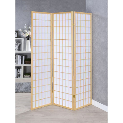 Paravent à 3 panneaux, fini naturel, bois d'hévéa et tissu avec panneau en papier blanc, 176 cm de haut, 132 cm de large, paravent pliant à diffusion douce pour la séparation de l'espace, finition sur tissu de pin.