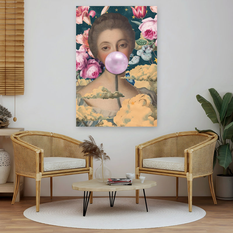 Affiche murale fleurie surréaliste avec motif de gomme à mâcher, portrait classique, onirique et élégant de fleurs