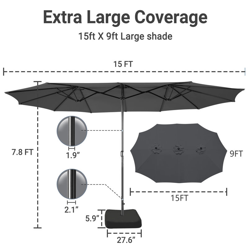 15Ft X 9Ft Patio Double-Sided Umbrella With Base & Crank, Extra Large Rectangular Outdoor Umbrella For Patio, Lawn & Garden