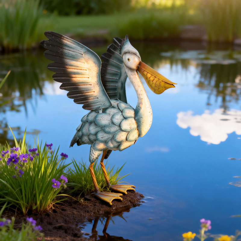 Statue de jardin de pélican en métal 18,5 po faite à la main avec piquets de sol, bleu ciel doux