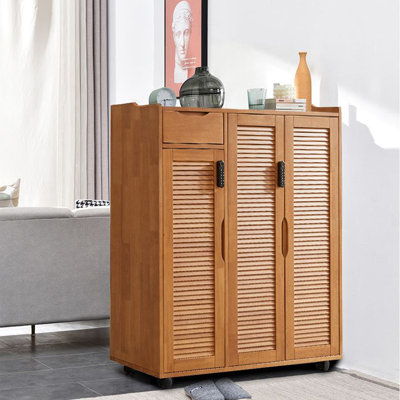 Solid wood shoe cabinet with lock and wheels 22 Pair Solid Wood Shoe Storage Cabinet