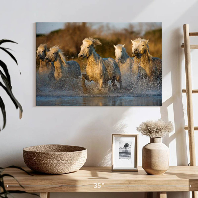 Chevaux camarguais Brampt qui courent dans l'eau, H 16 po x l 24 po