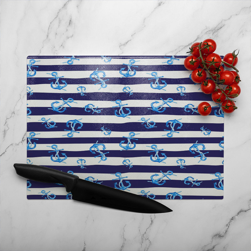 Anchors On Striped Glass Chopping Board