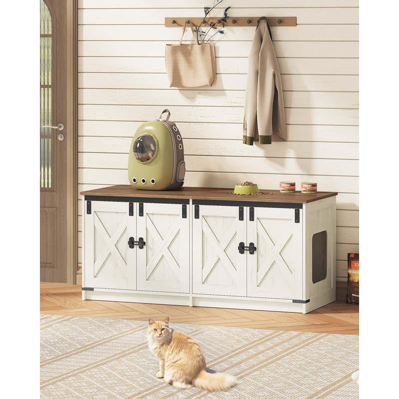 Enceinte de litière pour chat pour 2 chats, armoire à litière cachée avec chambre double, maison de chat d'intérieur, style maison de campagne, 46,7 x 18,9 x 21,1 pouces, brun rustique et blanc