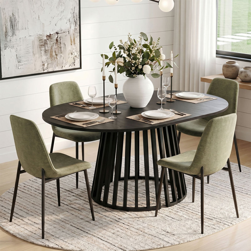 4- Person Dining Table Sets With Extendabe Oval Table & 4 Upholstered Chenille Dining Chairs, Green