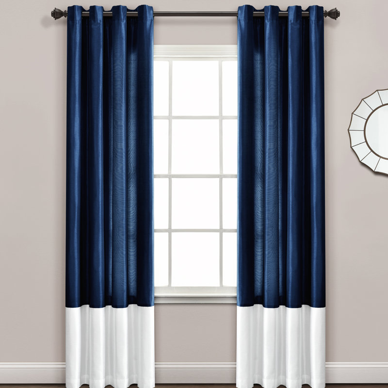 Semi Sheer Curtain Pair, 137cm W x 213cm L, White/Navy