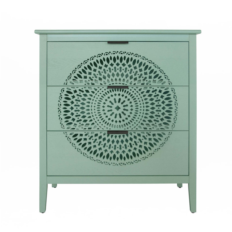 3 Drawer Cabinet With Hollow-Carved, Light Green