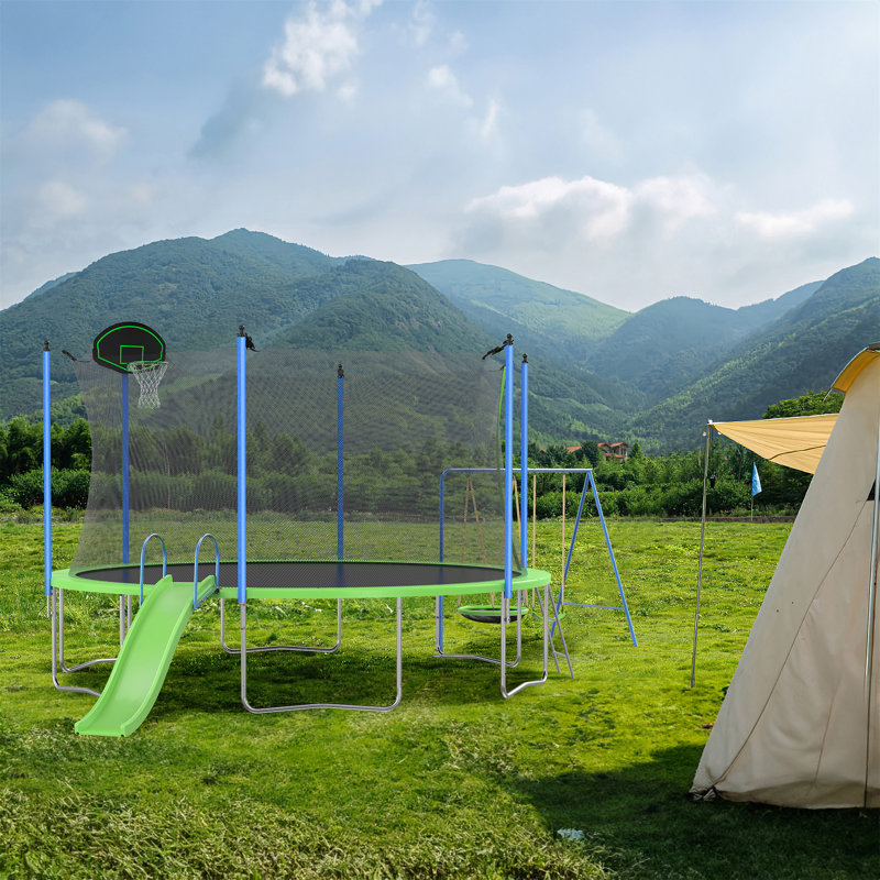 12FT Green Outdoor Trampoline with Slide, Swings, and Basketball Hoop