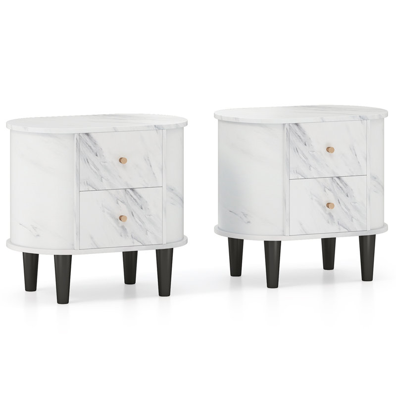 Nightstand w/ 2 Drawers Faux Marble Bedside Table for Small Space, Set of 2