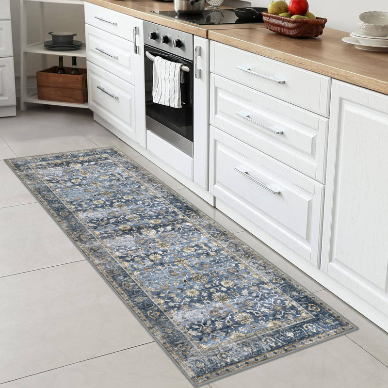 Area Rug Machine Washable Rug Oriental Indoor Rugs with Non-Slip Backing, Runner 2' x 6', Blue/Gray/Beige