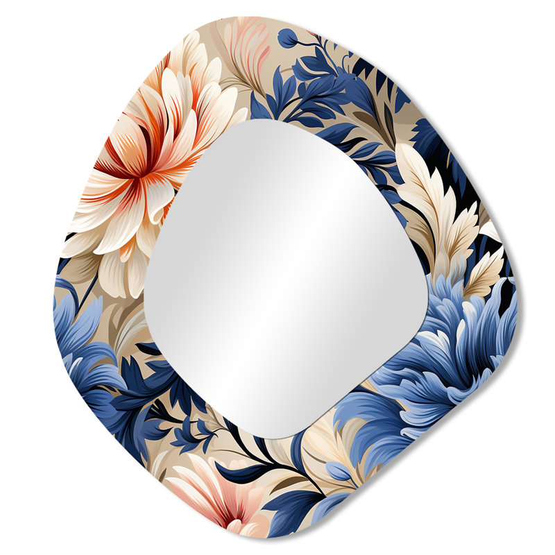 Blue And Beige Artful Damask Flowers - Floral Unique Shape Decorative Wall Mirror, Cottage Asymmetrical Mirror, Printed Metal Art