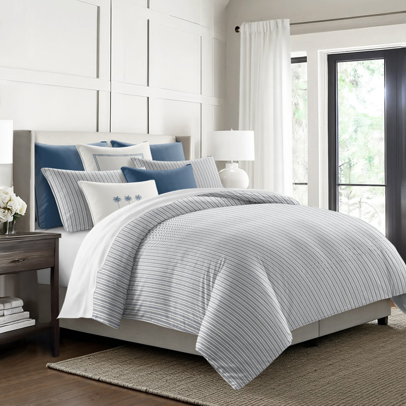 Pacific Stripe Reversible Cotton Duvet Cover Set, Queen Duvet Cover + 2 Queen Shams, Denim