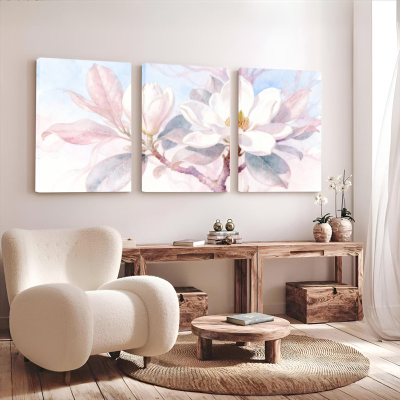 Magnolia fleur aquarelle sur toile tendue ensemble de 3 pour le salon chambre à coucher, H 30 po x l 60 po