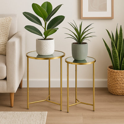 Ensemble de 2 tables Modern Plant Stand, plateau miroir rond, base en métal doré