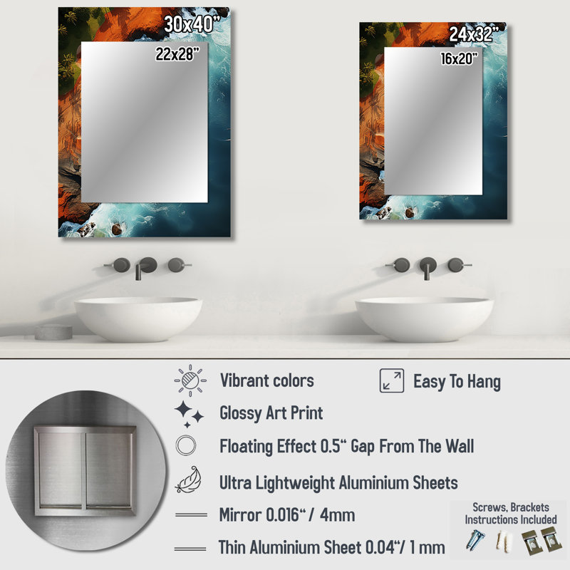 Rocky beach Aérienne vue I - miroir mural décoratif de plage, miroir bleu, impression d'art en métal, 32 po x 24 po