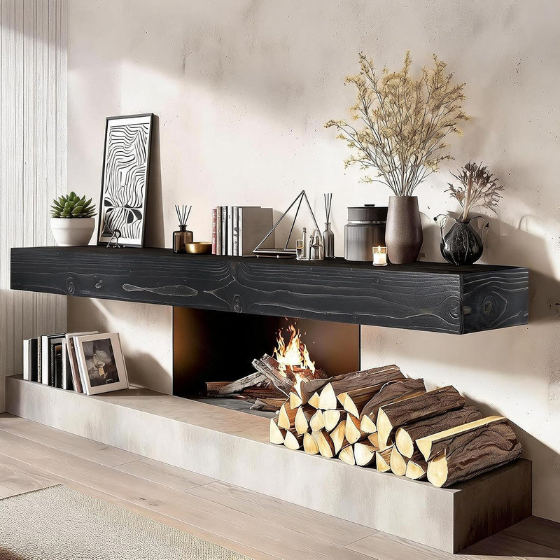 Manteau de foyer en bois massif de 60 po, tablette flottante en pin fabriquée à la main, fini brun rustique, profondeur de 8 po avec supports cachés