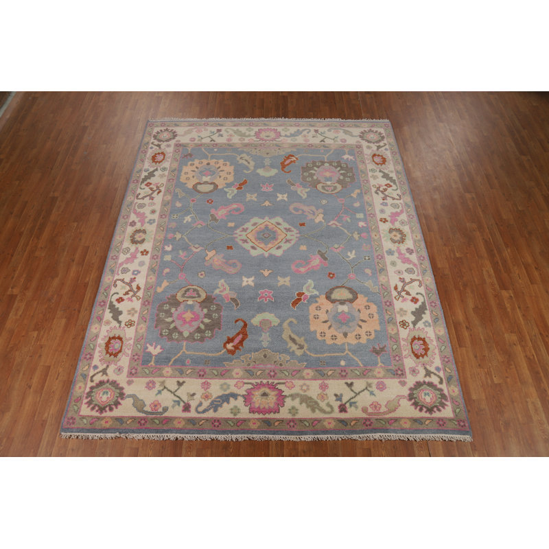 Tapis bleu clair à motif floral Oushak 8 x 10