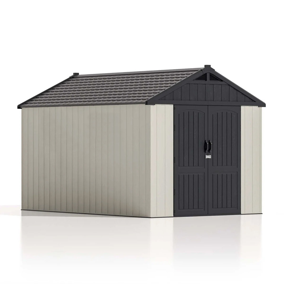 8 Ft. W X 12 Ft. D Plastic Storage Shed With Floor, Resin Shed With Reinforced Steel Structure, Beige Patiowell