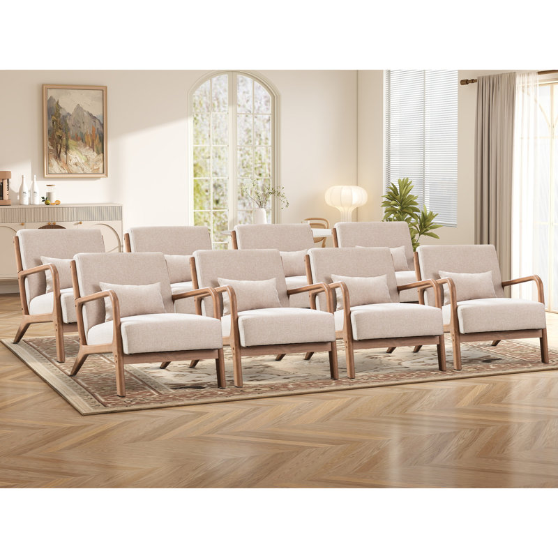 Cashel 25.78" Wide Mid Century Upholstered Accent Chair with an Extra Pillow(Set of 8), Beige Linen Blend