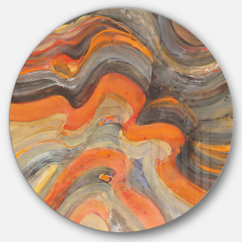 Abstract Gilded Orange Waves - Painting Print Metal Circle Wall Art, 36" H x 36" W