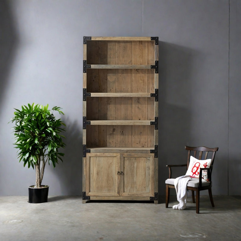 Bibliothèque américaine en bois massif vieilli American Style, (4 tablettes) H 73,62 po x l 31,5 po x P 11,81 po