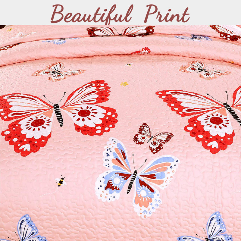 Pink Reversible Microfiber Butterfly Queen Quilt Set
