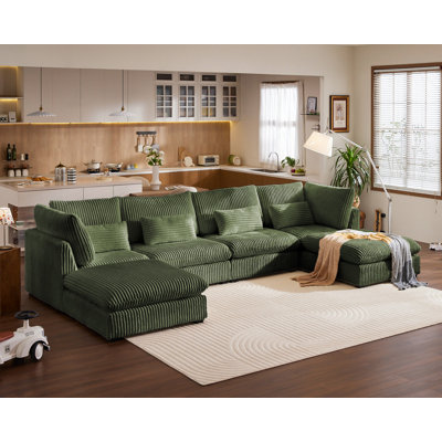 CHIC HOUSE Corduroy Modular Sectional Sofa With Ottoman - L-Shaped Sleeper, Dark Grey - View #5