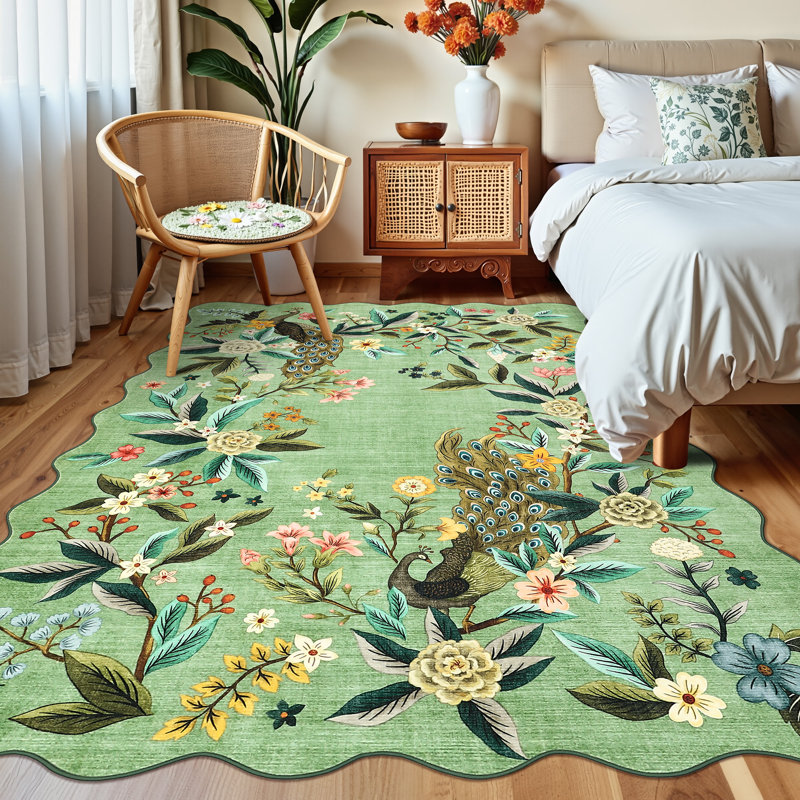 Scalloped Washable 9x12 Area Rug Floral Peacock Rugs for Living Room Bedroom Soft Non Slip Large Under Table Carpet for Dining Room