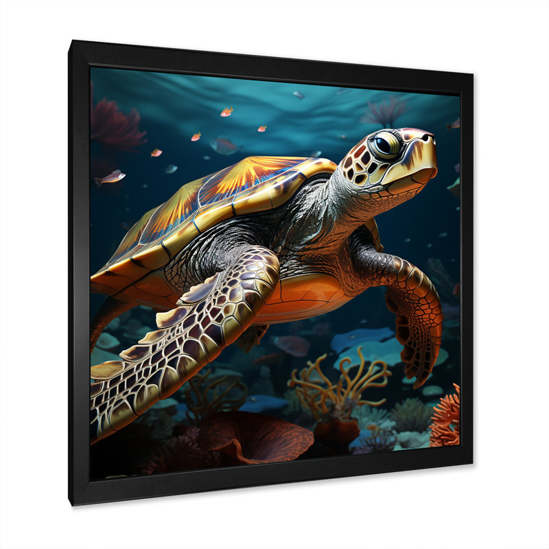 Art cosmique avec une tortue sur un cosmique sur toile, H 36 po x l 36 po x P 1,5 po, Cadre simple noir