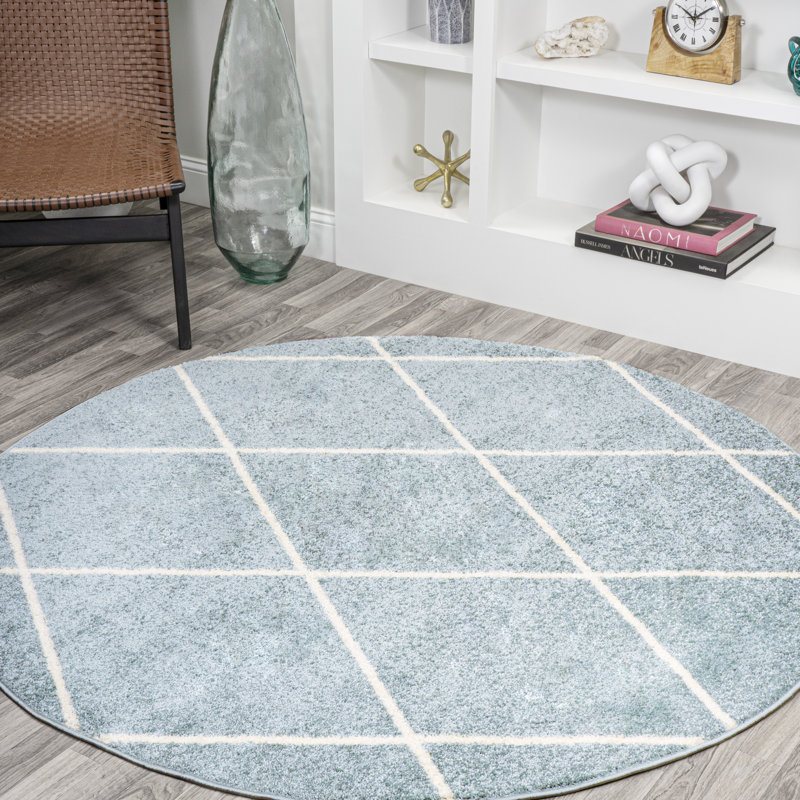 Bertrice Minimalist Diamond Trellis Light Blue/White Rug, Round 5'3"