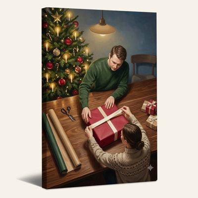 Couple Wrapping Red Gift Box Near Tree Christmas Canvas Wall Art