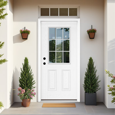 36″ x 80″White Oak Grain Fibreglass Entry Door – 9‑Lite Low‑E Glass, Right Hand Inswing, Primed Knock‑Down Unit with Brickmould & 4‑9/16″ Vinyl Frame